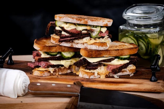 Huge reuben sandwich with pastrami or chicken -  American grilled sandwich