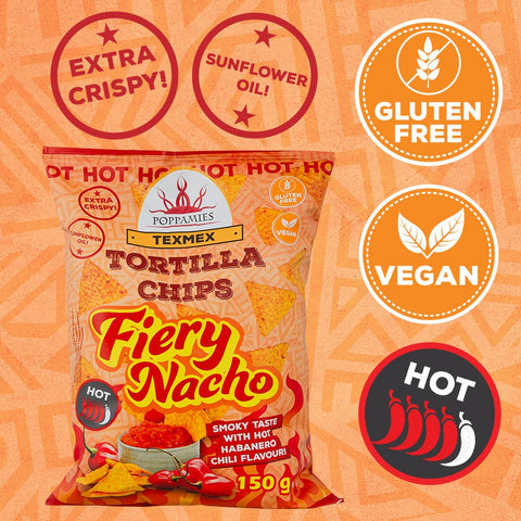 Poppamies Fiery Nacho Tortilla Chips 150g – Spicy Habanero Corn Chips – Gluten-Free, Vegan