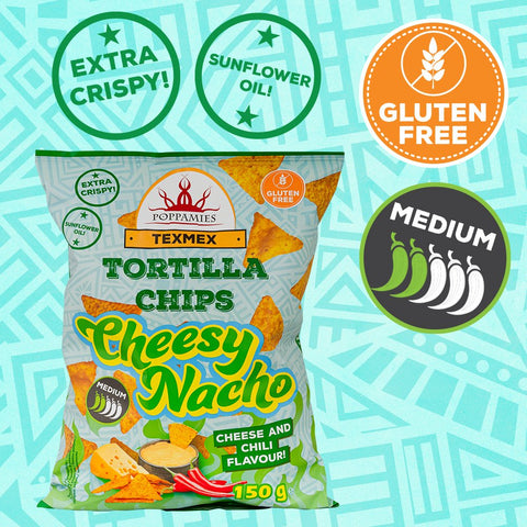 Poppamies Cheesy Nacho Tortilla Chips 150g – Crispy Corn Chips with Cheese & Chili Flavour – Gluten-Free Tex-Mex Snack
