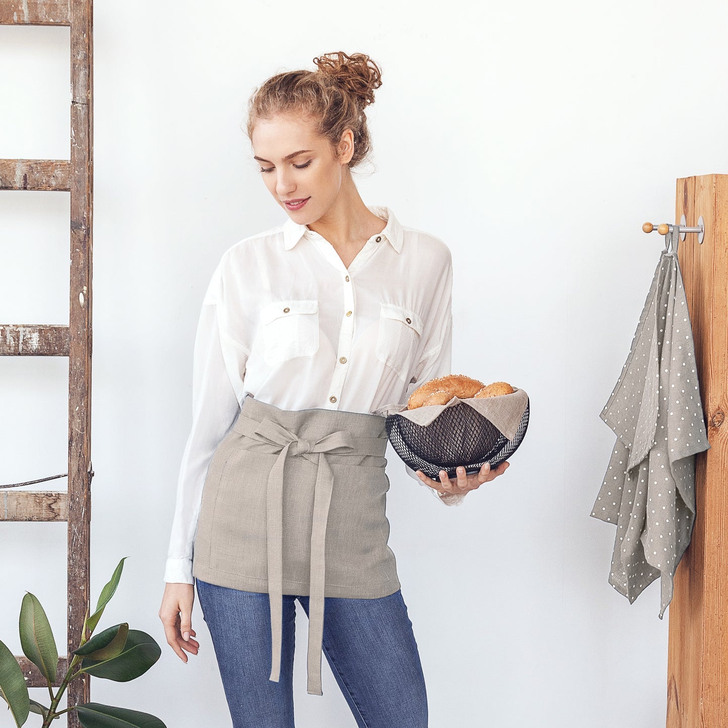 Natural Linen Apron with pockets | Half Apron for Men and Women, Adjustable Ties