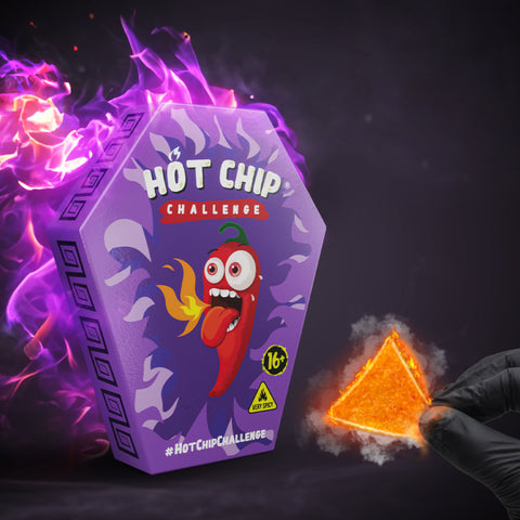 HOT-CHIP Challenge – Extremely Hot Corn Chip, 2,200,000 SHU Spicy Food Challenge with Glove, Temporary Tattoo, Sticker & Certificate, Coffin-Shaped Gift Box, Purple Edition