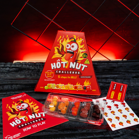 HOT-NUT Challenge Spicy Nut Game with Increasing Heat Levels, Fun Group Tasks and Collectible Stickers, Party Challenge and Novelty Gift for Adults