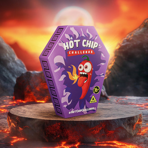 HOT-CHIP Challenge – Extremely Hot Corn Chip, 2,200,000 SHU Spicy Food Challenge with Glove, Temporary Tattoo, Sticker & Certificate, Coffin-Shaped Gift Box, Purple Edition