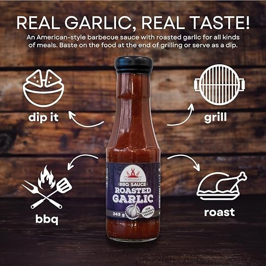 Poppamies Roasted Garlic BBQ Sauce - American Style Barbecue Sauce Glaze for all Type of Dishes - Ideal for Slow Food - 385g