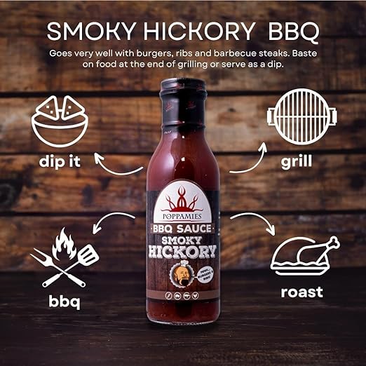 Poppamies BBQ Smoky Hickory - American Style Smoky Barbecue Sauce without additives, Great for Burger and Ribs- Spiciness: 0/10 - 410g