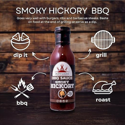 Poppamies BBQ Smoky Hickory - American Style Smoky Barbecue Sauce without additives, Great for Burger and Ribs- Spiciness: 0/10 - 410g
