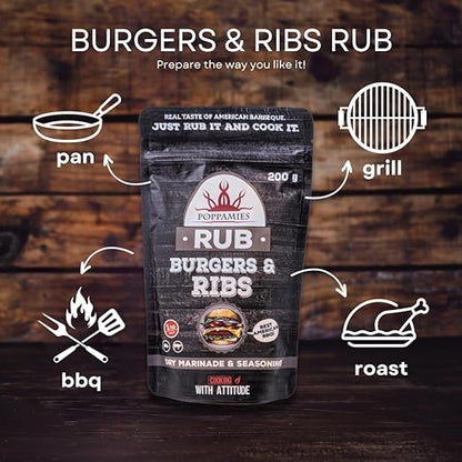 Poppamies Rub Burgers & Ribs, Dry Marinade & Seasoning Perfect for Beef Pork Ribs Briskets Great in The Grill Oven Boiler and Pan - Best American BBQ