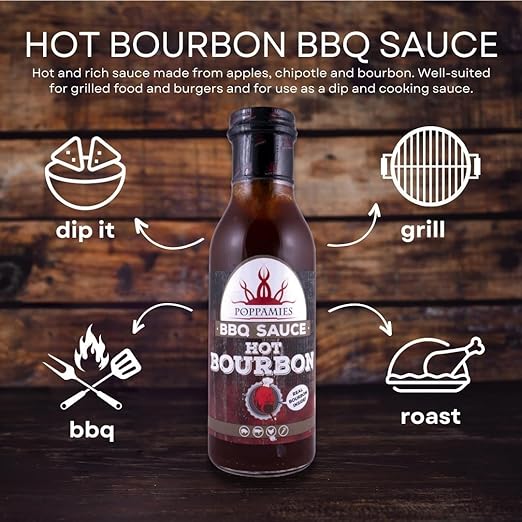 Poppamies BBQ Sauce Hot Bourbon - Well-suited for grilled food and burgers and for use as a dip and cooking sauce - Spiciness 6/10 - 410g