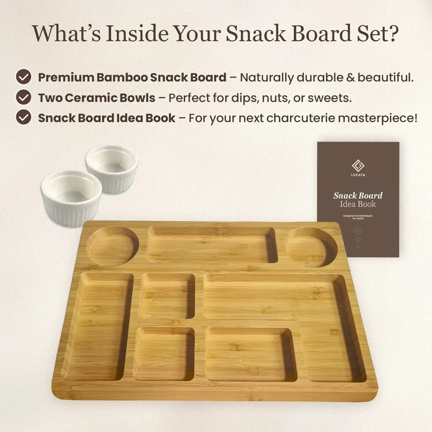 Snack Board - Charcuterie Board for Snacks Cheese & Appetizers - Durable Bamboo Serving Platter Tray for Parties Guests Picnics - Lukata LTD
