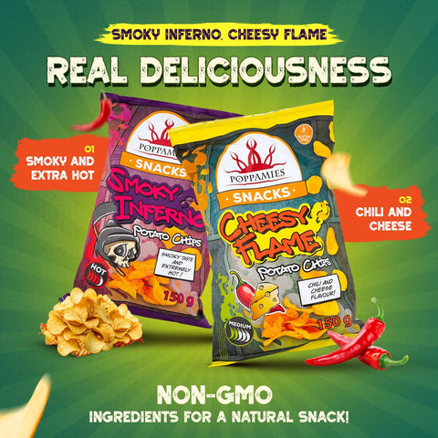 Snacks Cheesy Flame Potato Chips cheese and chili flavoured potato chips - 2/5 Spiciness -150gs