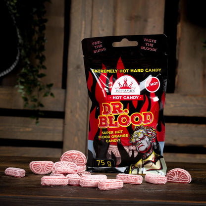 Hot Candy Dr Blood Poppamies Chili Orange Sweets - Lactose Gluten Free Vegan - Spiciness: X-HOT - Size: 75g