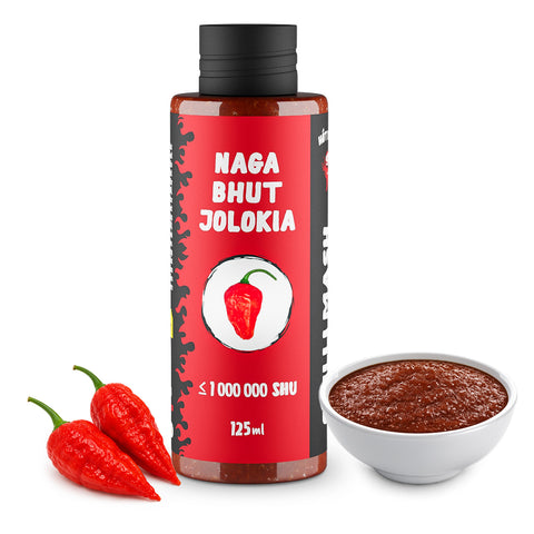 Naga Bhut Jolokia Chilli Mash 125 ml – (Approx. 1,000,000 SHU) - Extra-Hot Fruity Chilli Base for Sauces, Curries, Marinades and Chutneys