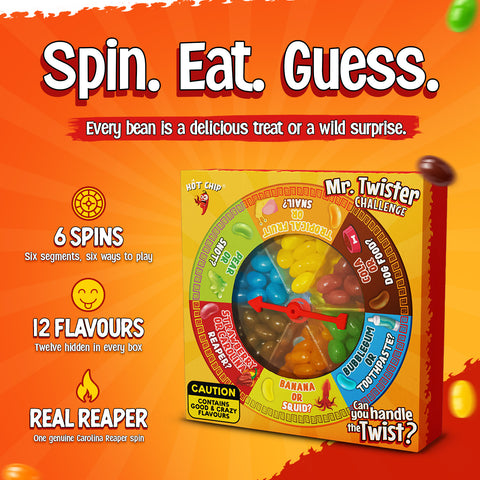 Mr. Twister Jelly Beans Challenge 120g – Flavour Roulette Game with Sweet, Weird & Spicy Surprise Flavours – Spinner Party Challenge for Friends, Families & Colleagues – Vegetarian, Halal & Gluten Free