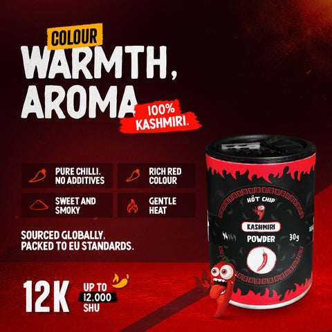 Kashmiri Chilli Powder 30g – Mild Heat, Up to 12,000 SHU – Sweet and Smoky Flavour with Deep Red Colour – Made in Spain