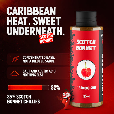 Scotch Bonnet Chili Mash 125ml - Very Hot (100,000-350,000 SHU) - Fruity Caribbean Chilli Base for Jerk Marinades, Sauces, Salsa and BBQ
