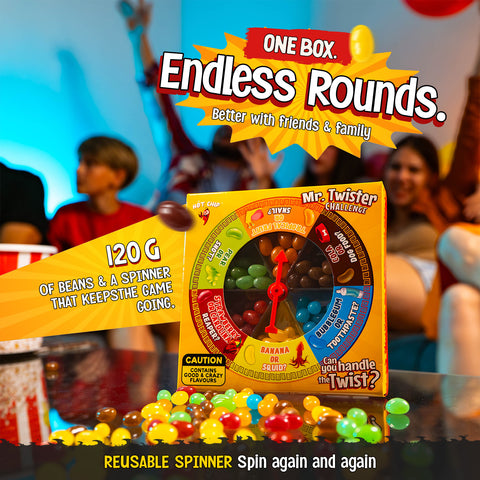 Mr. Twister Jelly Beans Challenge 120g – Flavour Roulette Game with Sweet, Weird & Spicy Surprise Flavours – Spinner Party Challenge for Friends, Families & Colleagues – Vegetarian, Halal & Gluten Free