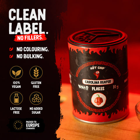 Carolina Reaper Chilli Flakes 10g – (Up to 2,200,000 SHU) - Extreme Heat with Fruity, Chocolate, Cherry and Cinnamon Notes – For Sauces, Meat, Soups and Marinades