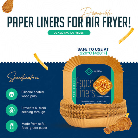 LUKATA Kitchen Essentials Bundle – 3 Reusable Non-Stick Oven Liners + 100 Square Air Fryer Paper Liners (20 × 20 cm)