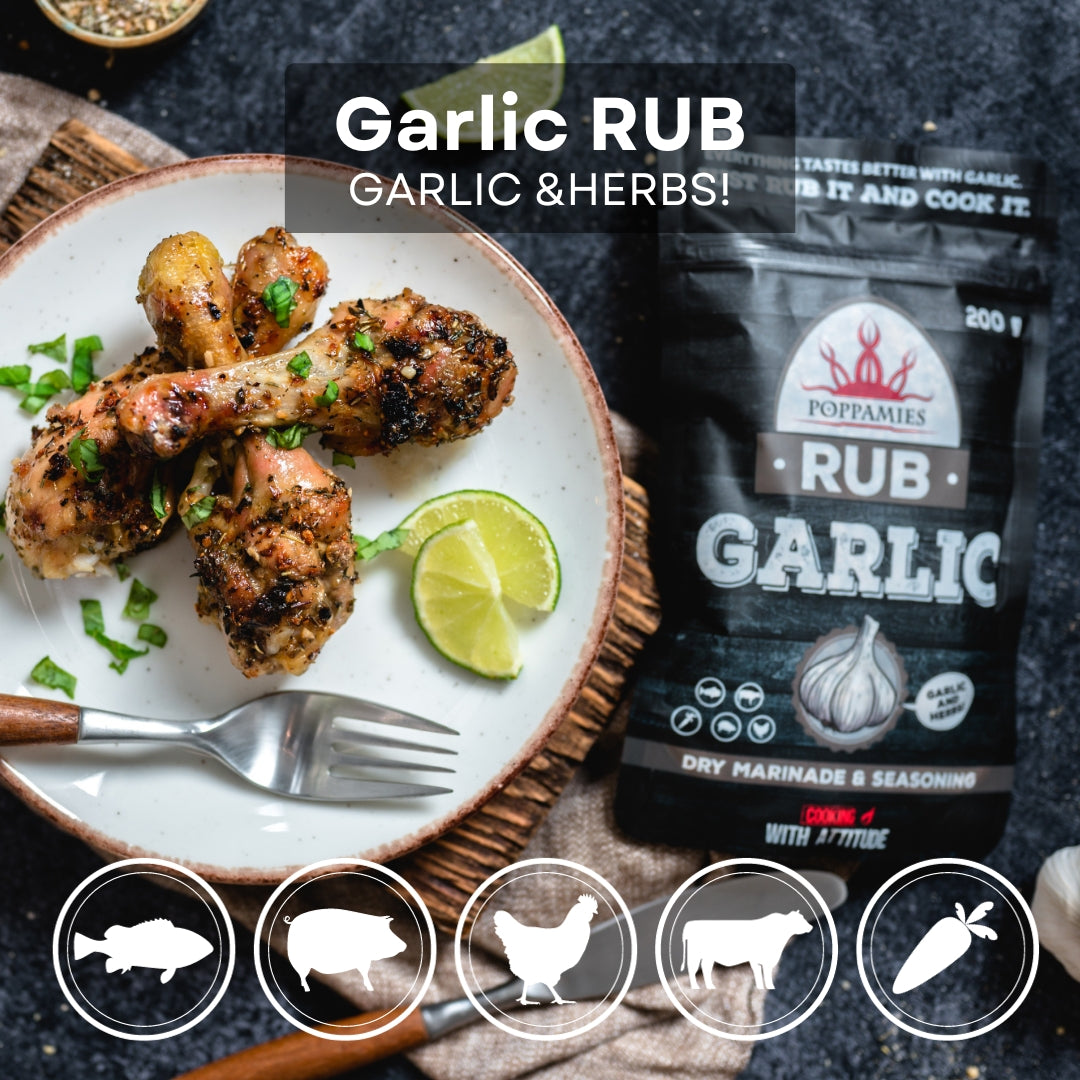 Poppamies Garlic Rub, Dry Marinade & BBQ Seasoning Perfect for Fish, Beef, Vegies, Pork, Chicken - Great in The Grill, Barbecue, Oven, Boiler and Pan - Large Pack (200g)