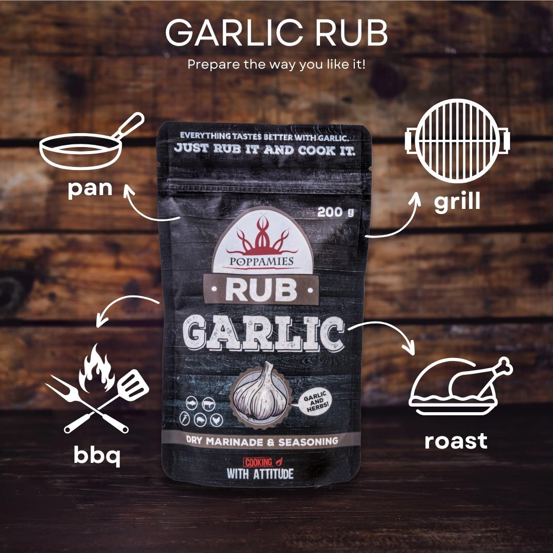 Poppamies Garlic Rub, Dry Marinade & BBQ Seasoning Perfect for Fish, Beef, Vegies, Pork, Chicken - Great in The Grill, Barbecue, Oven, Boiler and Pan - Large Pack (200g)