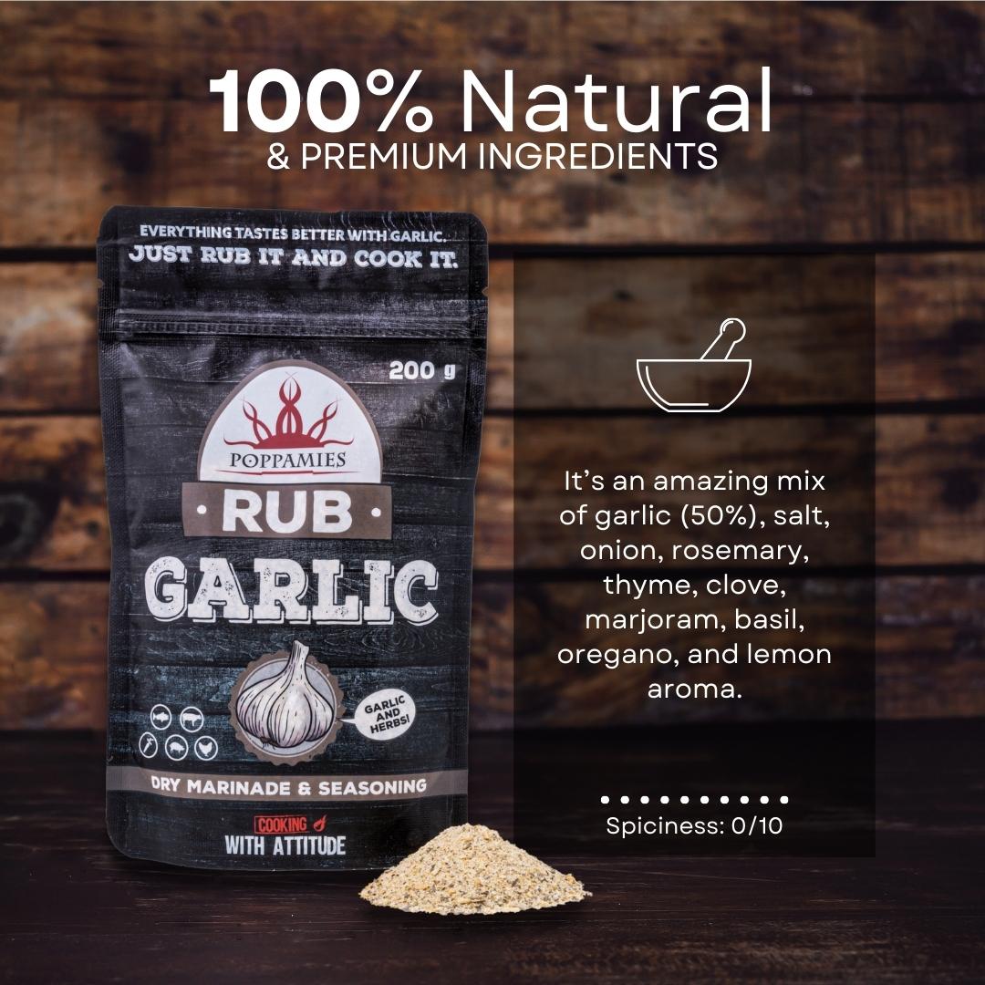 Poppamies Garlic Rub, Dry Marinade & BBQ Seasoning Perfect for Fish, Beef, Vegies, Pork, Chicken - Great in The Grill, Barbecue, Oven, Boiler and Pan - Large Pack (200g)