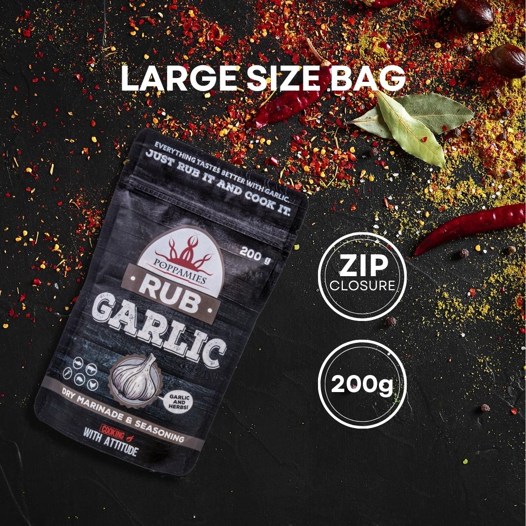 Poppamies Garlic Rub, Dry Marinade & BBQ Seasoning Perfect for Fish, Beef, Vegies, Pork, Chicken - Great in The Grill, Barbecue, Oven, Boiler and Pan - Large Pack (200g)