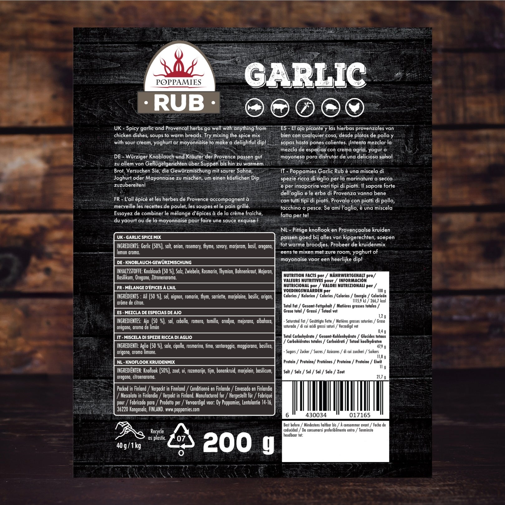 Poppamies Garlic Rub, Dry Marinade & BBQ Seasoning Perfect for Fish, Beef, Vegies, Pork, Chicken - Great in The Grill, Barbecue, Oven, Boiler and Pan - Large Pack (200g)