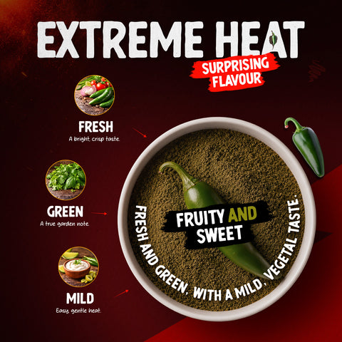Green Jalapeño Chilli Powder 30g – Mild to Medium Heat, Up to 10,000 SHU – Fresh Vegetable Flavour – Mexican-Style Seasoning for Sauces, Pizza, Burgers and Meat