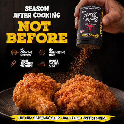 Poppamies Mango Chilli Spice Dust sprinkled onto cooked food