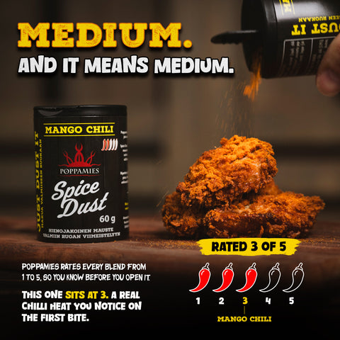 Poppamies Mango Chilli Spice Dust seasoning heat level information