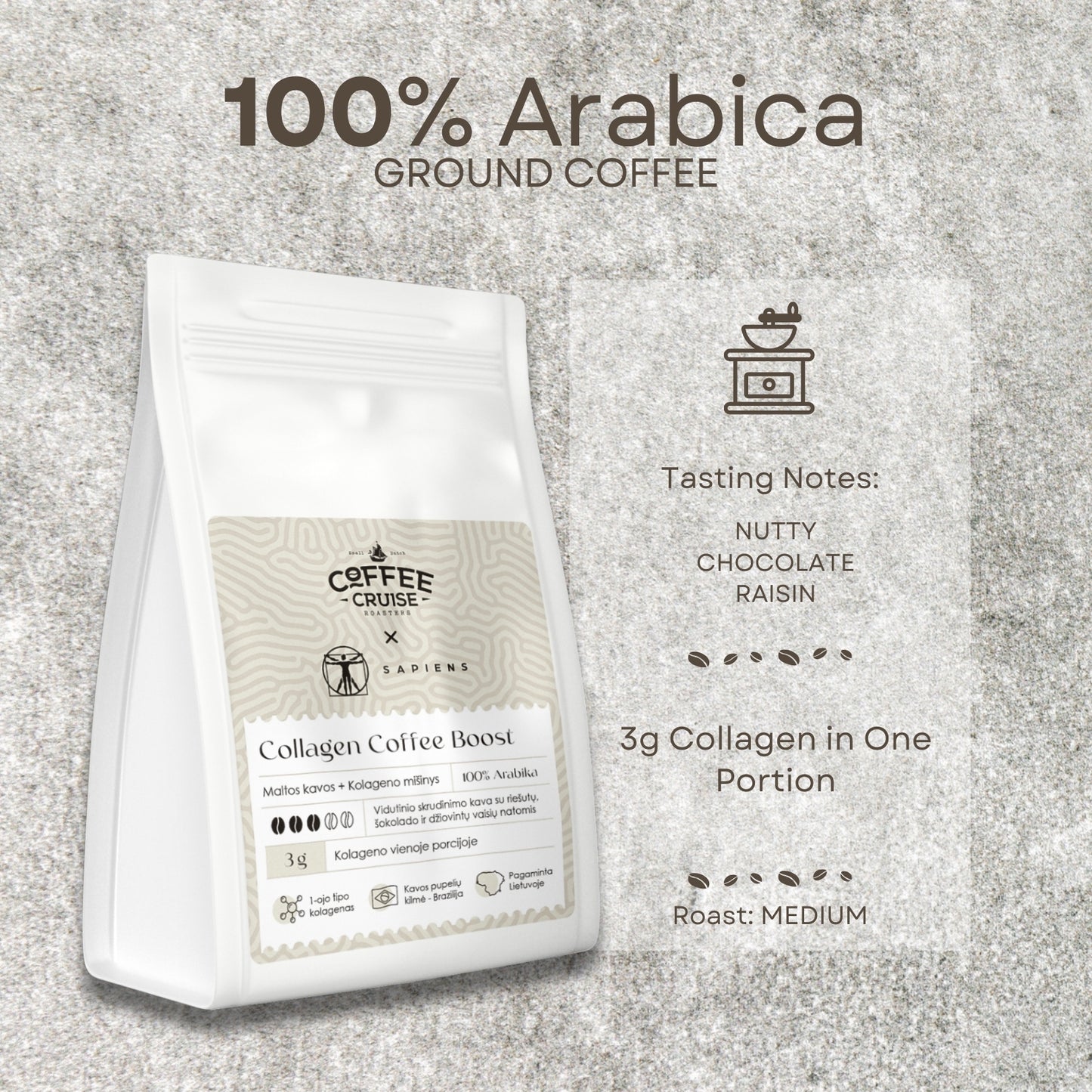 COFFEE CRUISE Ground Coffee with Collagen 250g - Medium Roasting - Aroma Caramel and honey - For All Coffee Machines - 100% Arabica