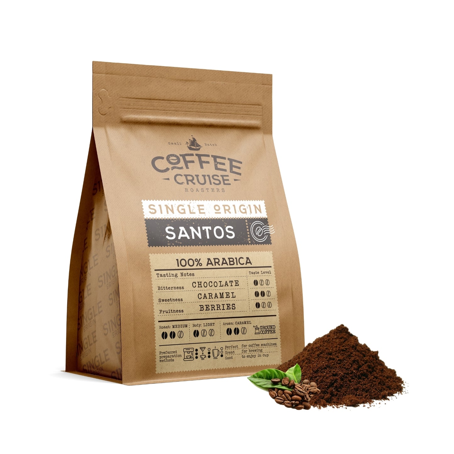 COFFEE CRUISE Santos Ground Coffee 250g - Medium Roasting - Aroma Caramels - For All Coffee Machines - 100% Arabica