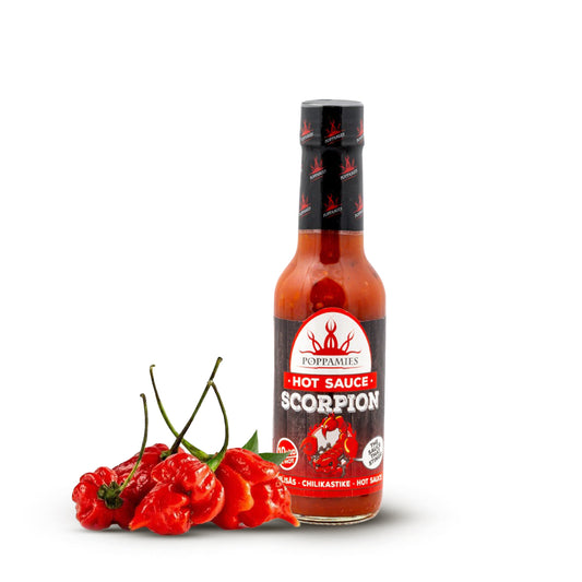 Poppamies Scorpion Hot Sauce from Trinidad scorpion chili - Gluten Free Lactose Free Vegan - Spiciness: 10+/10 Extra Hot - 150ml