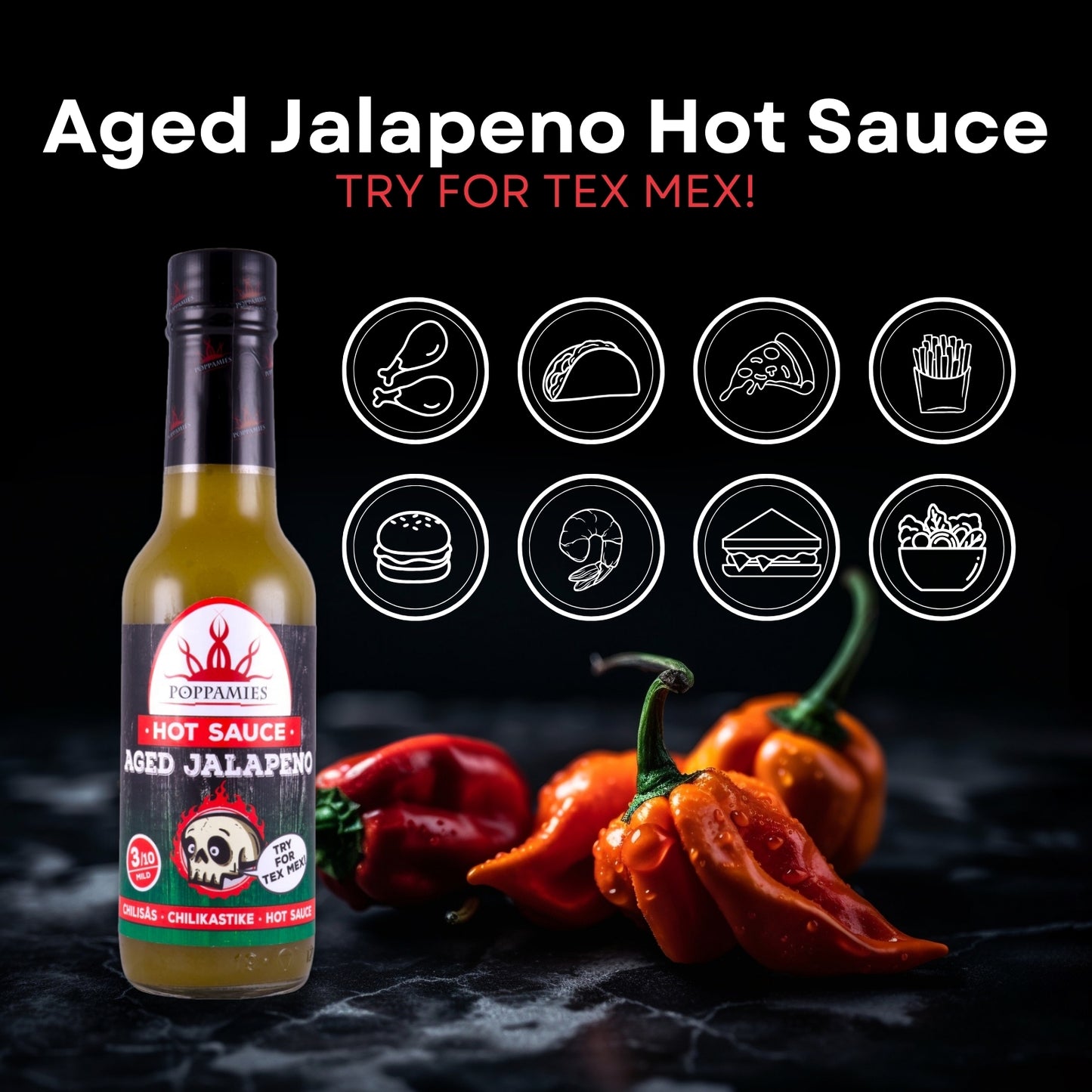 Poppamies Aged Jalapeno Hot Chili Sauce - Gluten Free Lactose Free Vegan - Spiciness: 3/10 - 150ml