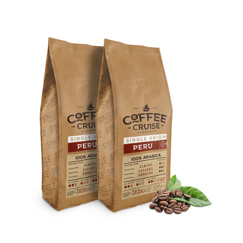 COFFEE CRUISE Peru Coffee Beans 1kg x 2 - Light Roasting - Aroma Caramel and Herbal - For All Coffee Machines - 100% Arabica