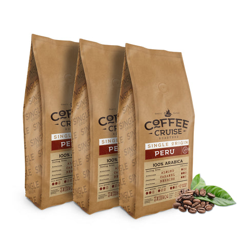 COFFEE CRUISE Peru Coffee Beans 1kg x 3 - Light Roasting - Aroma Caramel and Herbal - For All Coffee Machines - 100% Arabica