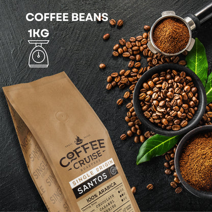COFFEE CRUISE Santos Coffee Beans 1kg - Medium Roasting - Aroma Caramels - For All Coffee Machines - 100% Arabica