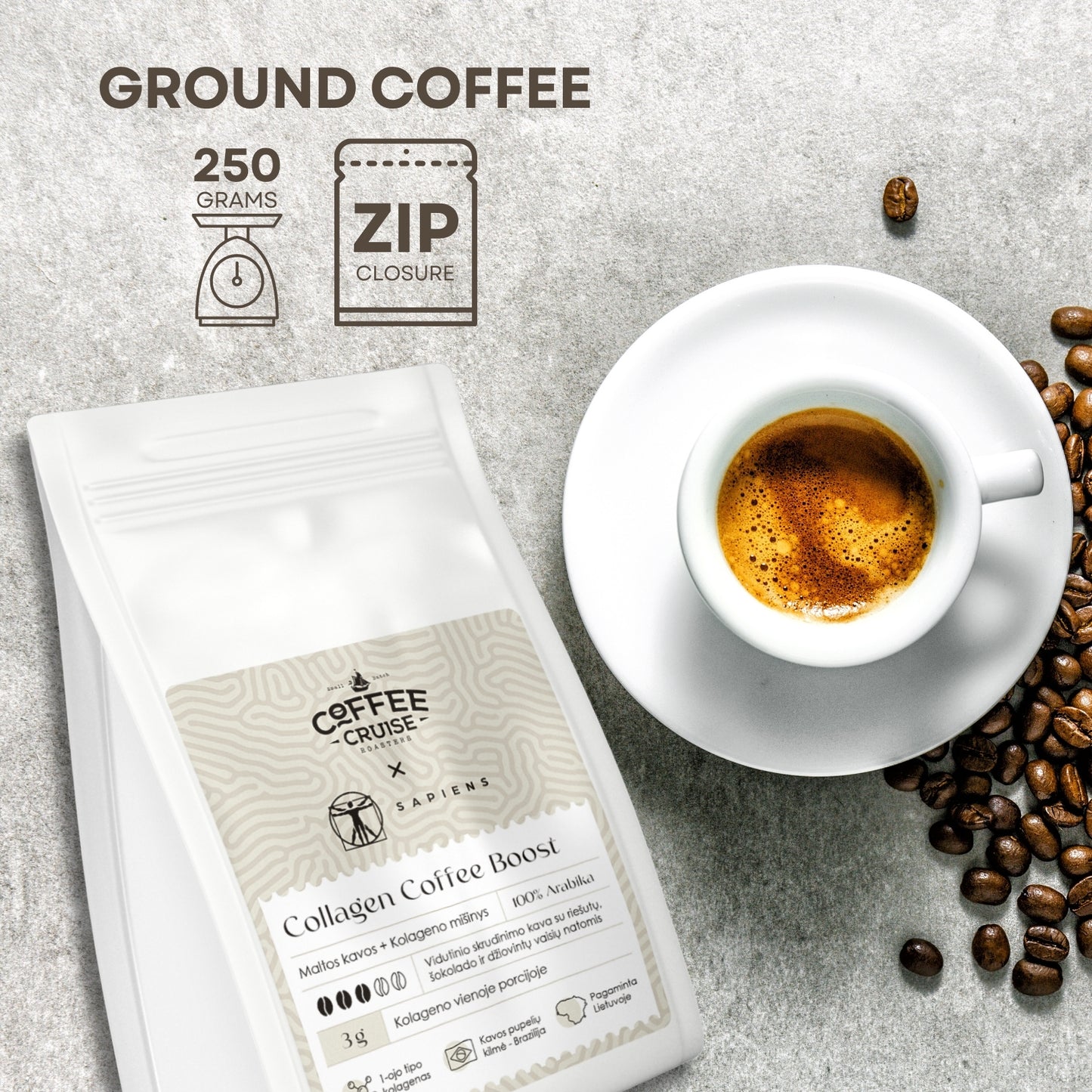 COFFEE CRUISE Ground Coffee with Collagen 250g - Medium Roasting - Aroma Caramel and honey - For All Coffee Machines - 100% Arabica