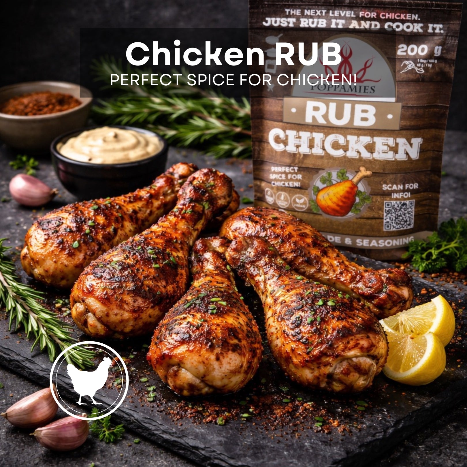 Poppamies Chicken BBQ Rub - 100% Natural BBQ Seasoning - Dry Marinade & Spices. Especially Suitable for Chicken - Great in The Grill Oven Boiler and Pan - Large Pack (200g)