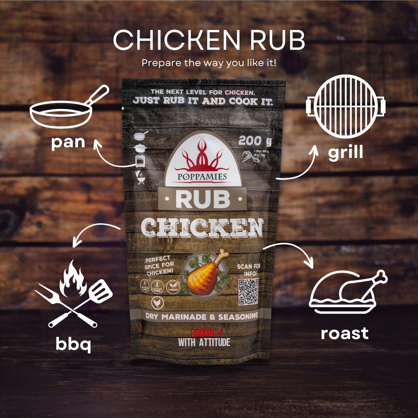 Poppamies Chicken BBQ Rub - 100% Natural BBQ Seasoning - Dry Marinade & Spices. Especially Suitable for Chicken - Great in The Grill Oven Boiler and Pan - Large Pack (200g)