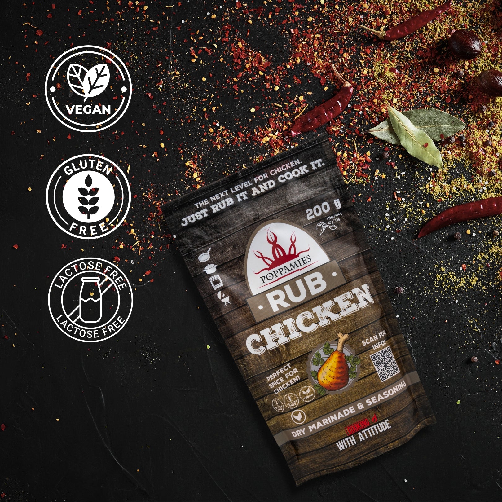 Poppamies Chicken BBQ Rub - 100% Natural BBQ Seasoning - Dry Marinade & Spices. Especially Suitable for Chicken - Great in The Grill Oven Boiler and Pan - Large Pack (200g)