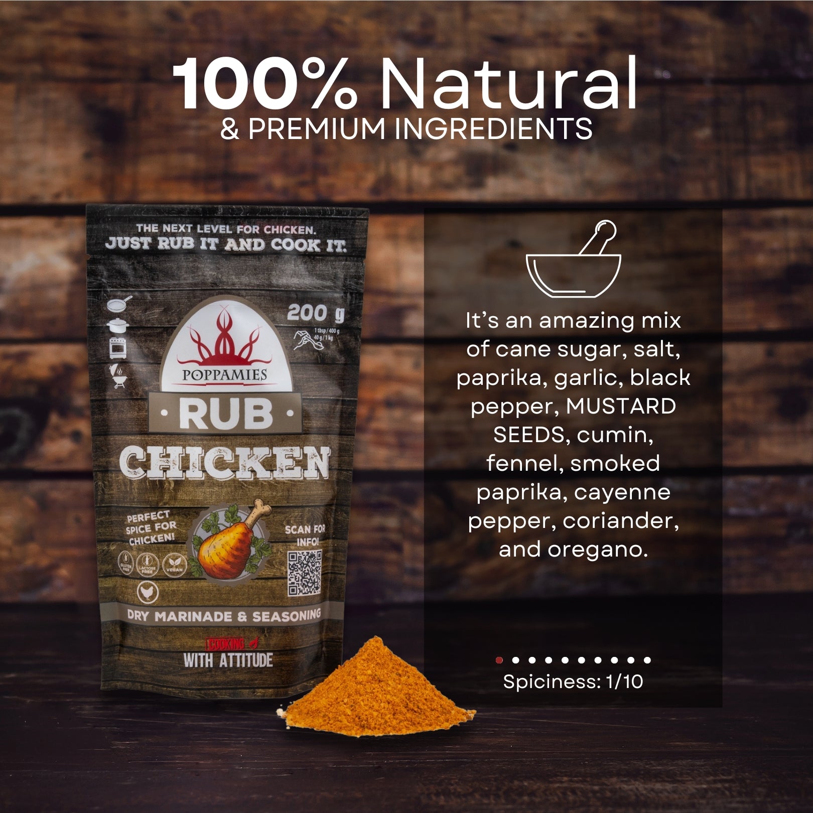 Poppamies Chicken BBQ Rub - 100% Natural BBQ Seasoning - Dry Marinade & Spices. Especially Suitable for Chicken - Great in The Grill Oven Boiler and Pan - Large Pack (200g)
