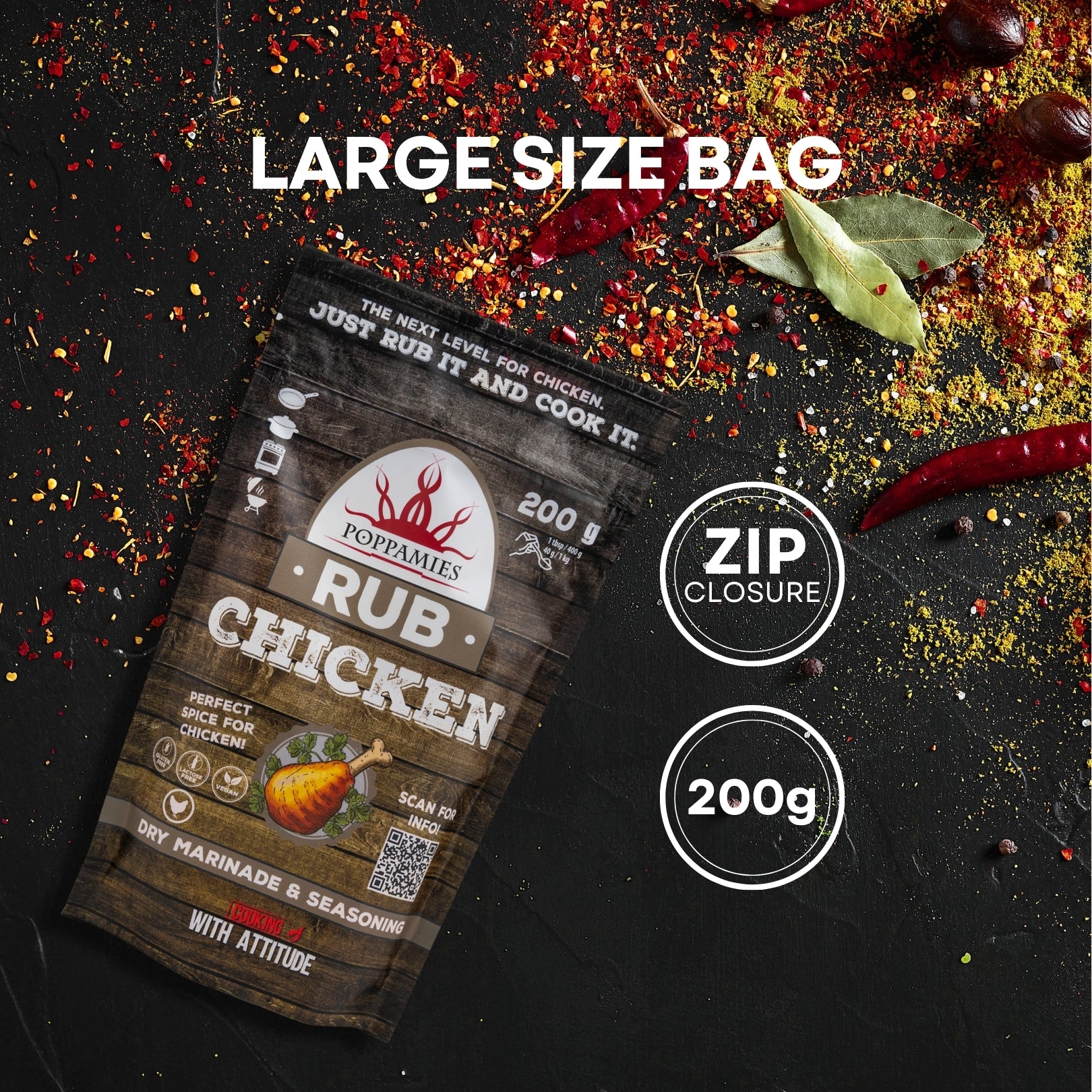 Poppamies Chicken BBQ Rub - 100% Natural BBQ Seasoning - Dry Marinade & Spices. Especially Suitable for Chicken - Great in The Grill Oven Boiler and Pan - Large Pack (200g)