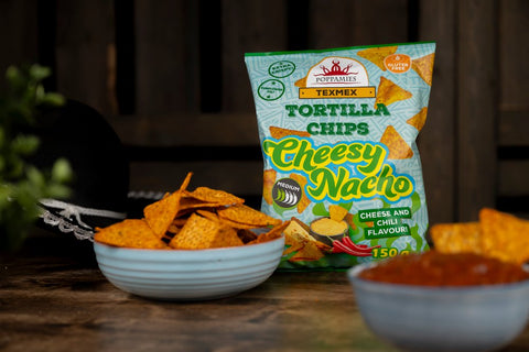 Poppamies Cheesy Nacho Tortilla Chips 150g – Crispy Corn Chips with Cheese & Chili Flavour – Gluten-Free Tex-Mex Snack