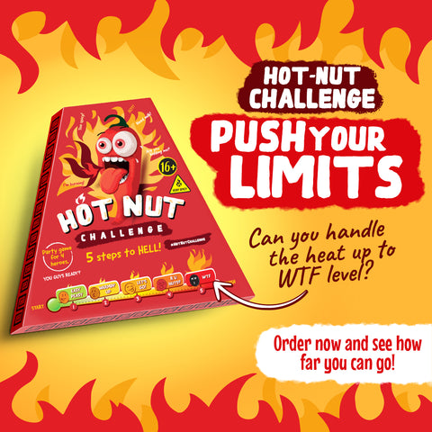 HOT-NUT Challenge Spicy Nut Game with Increasing Heat Levels, Fun Group Tasks and Collectible Stickers