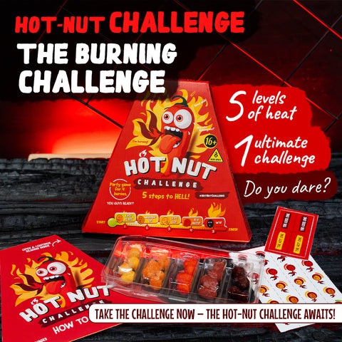 HOT-NUT Challenge Spicy Nut Game with Increasing Heat Levels, Fun Group Tasks and Collectible Stickers