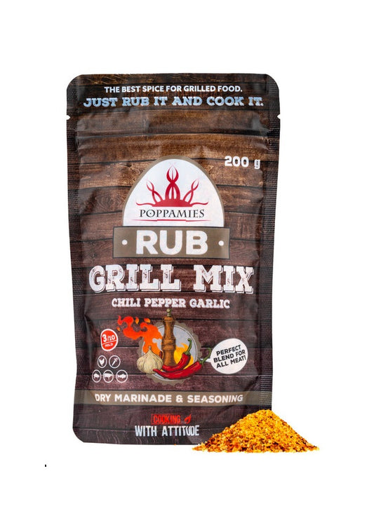 Poppamies Grill Mix BBQ Rub, Dry Chili Pepper Garlic Marinade & BBQ Seasoning Perfect for Fish, Vegies, Chicken, Pork, Beef - Great in The Grill, Barbecue, Oven, Boiler and Pan - Large Pack (200g)