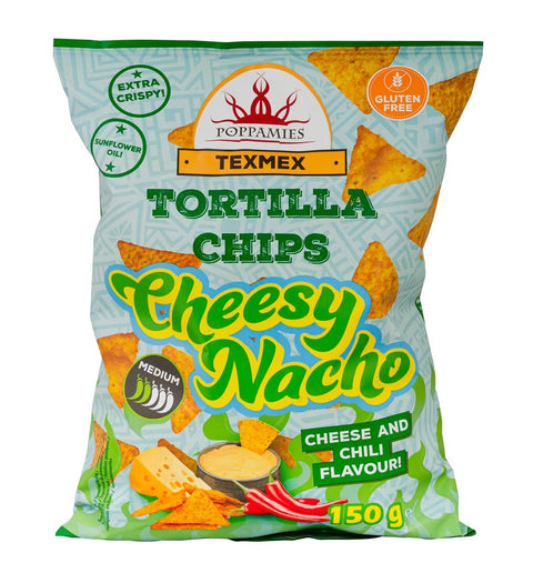 Poppamies Cheesy Nacho Tortilla Chips 150g – Crispy Corn Chips with Cheese & Chili Flavour – Gluten-Free Tex-Mex Snack