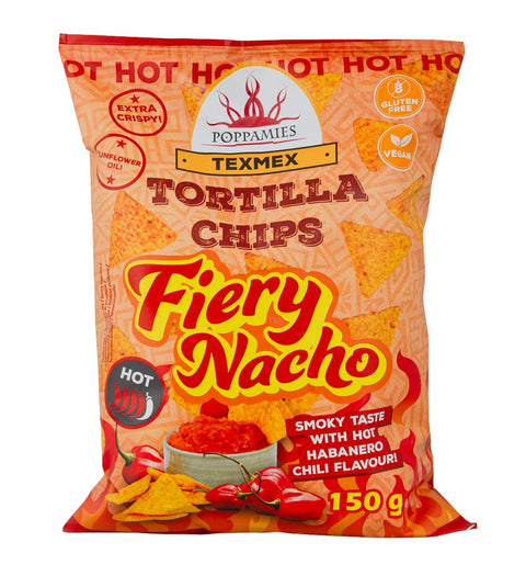Poppamies Fiery Nacho Tortilla Chips 150g – Spicy Habanero Corn Chips – Gluten-Free, Vegan