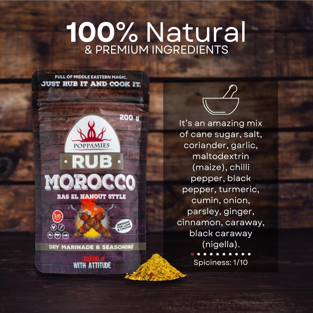 Poppamies Morocco BBQ Rub, Ras El Hanout Style Dry Marinade & BBQ Seasoning Perfect for Fish, Vegies, Chicken, Pork, Beef - Great in The Grill, Barbecue, Oven, Boiler and Pan - Large Pack (200g)